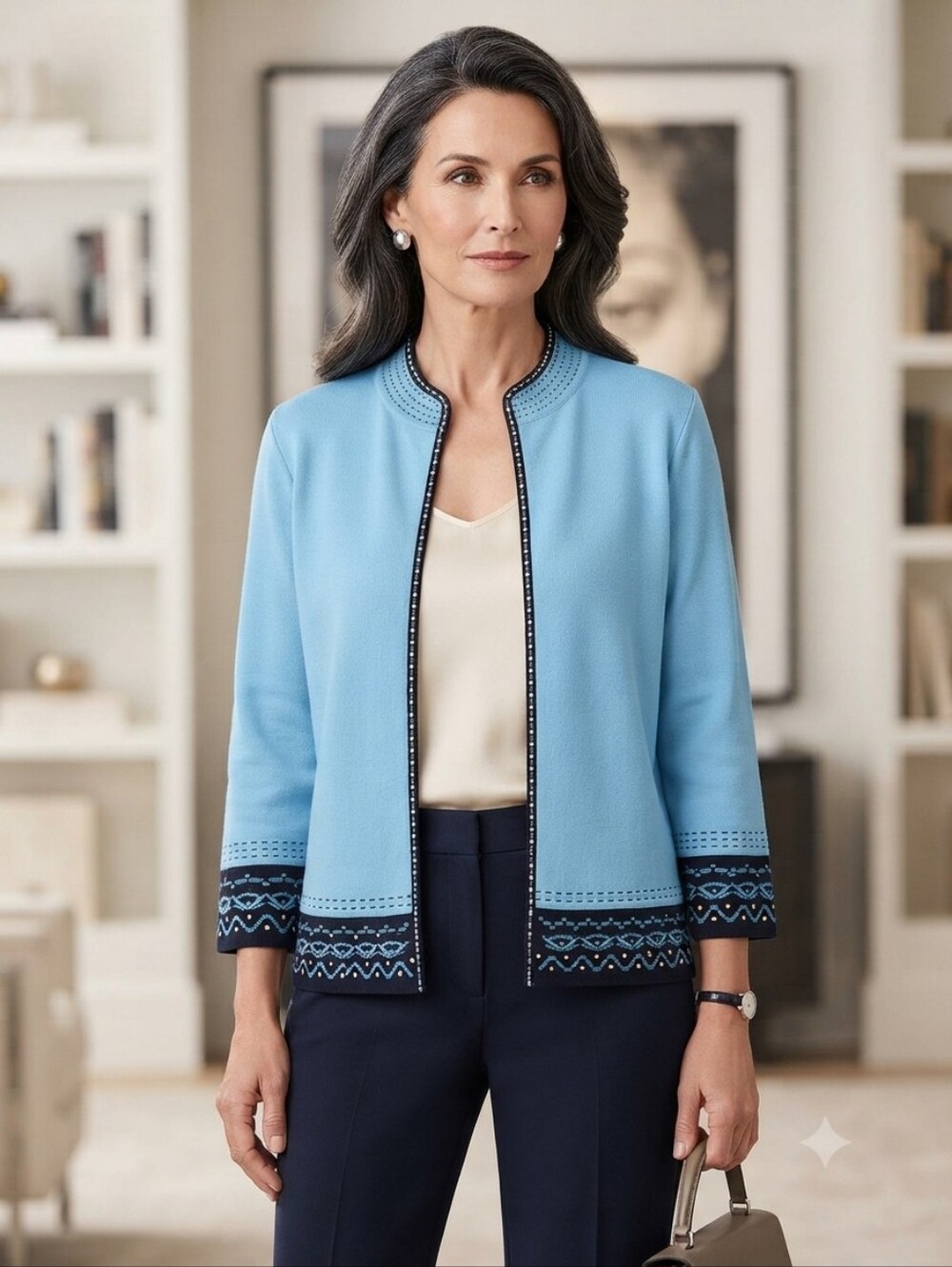 Ming Wang Textured Knit Open Front Cardigan - Light Blue w/ Black Dotted Trim,